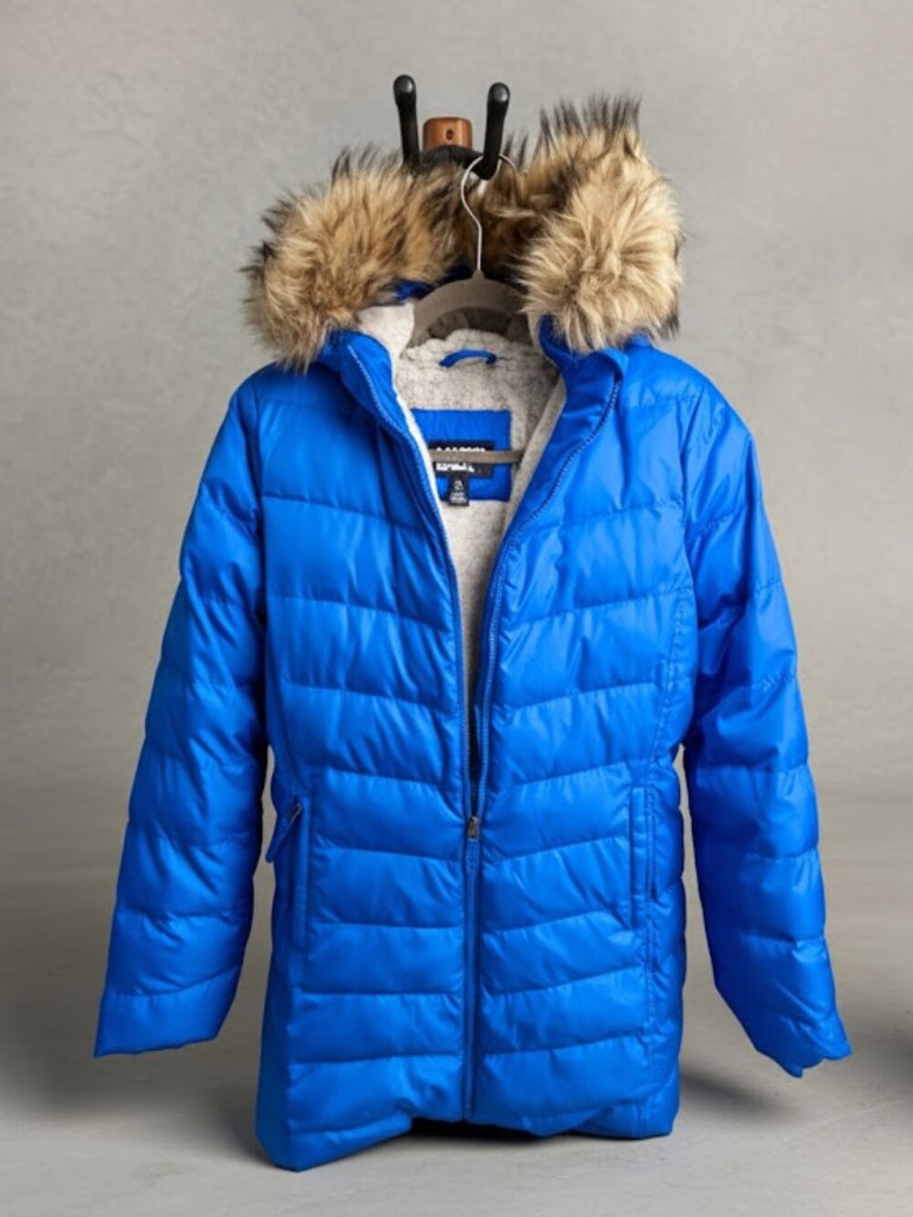 Lands' End Girls Squall Blue Puffer Coat Faux Fur Hood XL 14-16